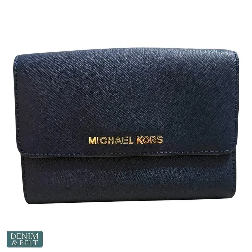 Michael Kors Navy Blue Saffiano Leather Wallet with Gold‎ Hardware Classic